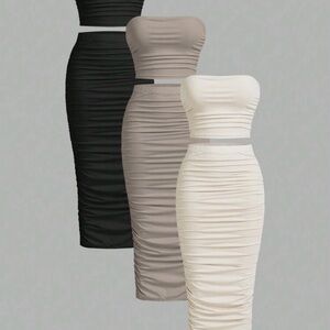 Elegant Women's Ruched Skirt Set - Black, Tan, Cream